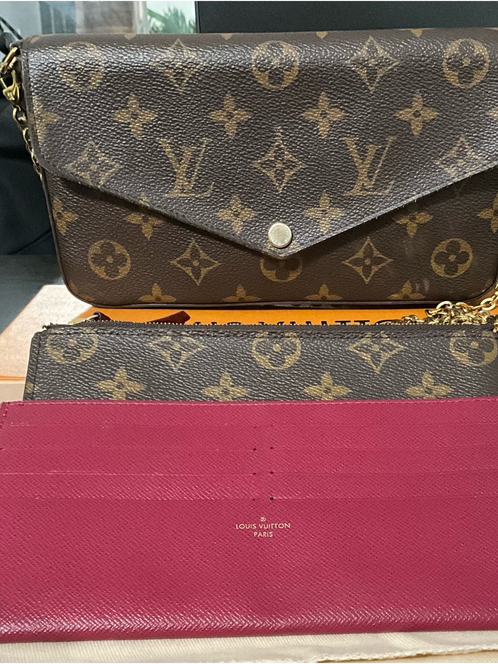 Louis Vuitton Monogram Wallet with Raspberry Pink Insert and Chain